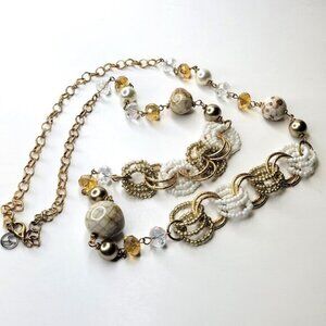 Gold Beads and White Pearls Long Necklace